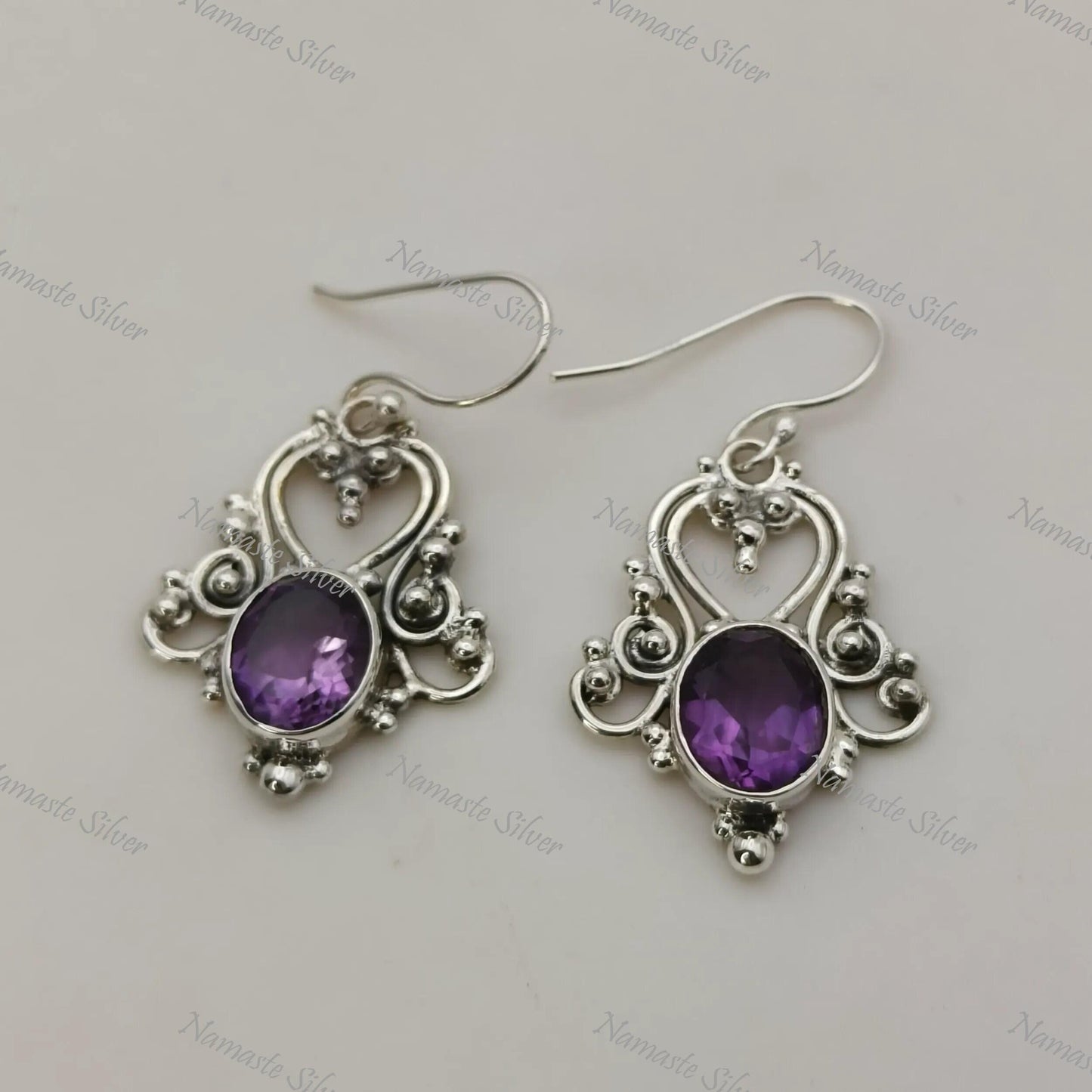 Amethyst Earrings, 925 Sterling Silver Dangle Earrings, Natural Purple Amethyst Oval Gemstone Jewelry, February Birthstone, Gift For Her