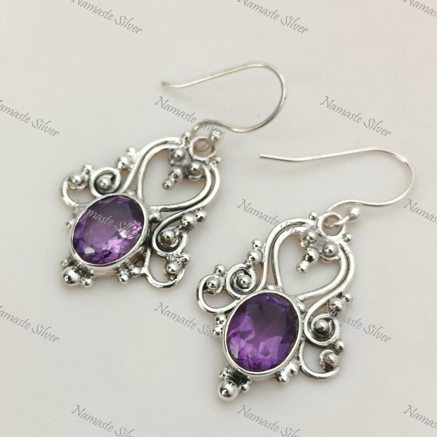 Amethyst Earrings, 925 Sterling Silver Dangle Earrings, Natural Purple Amethyst Oval Gemstone Jewelry, February Birthstone, Gift For Her