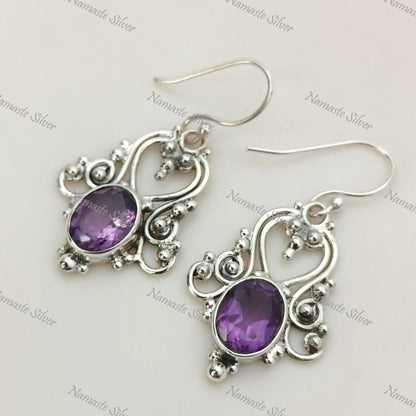 Amethyst Earrings, 925 Sterling Silver Dangle Earrings, Natural Purple Amethyst Oval Gemstone Jewelry, February Birthstone, Gift For Her