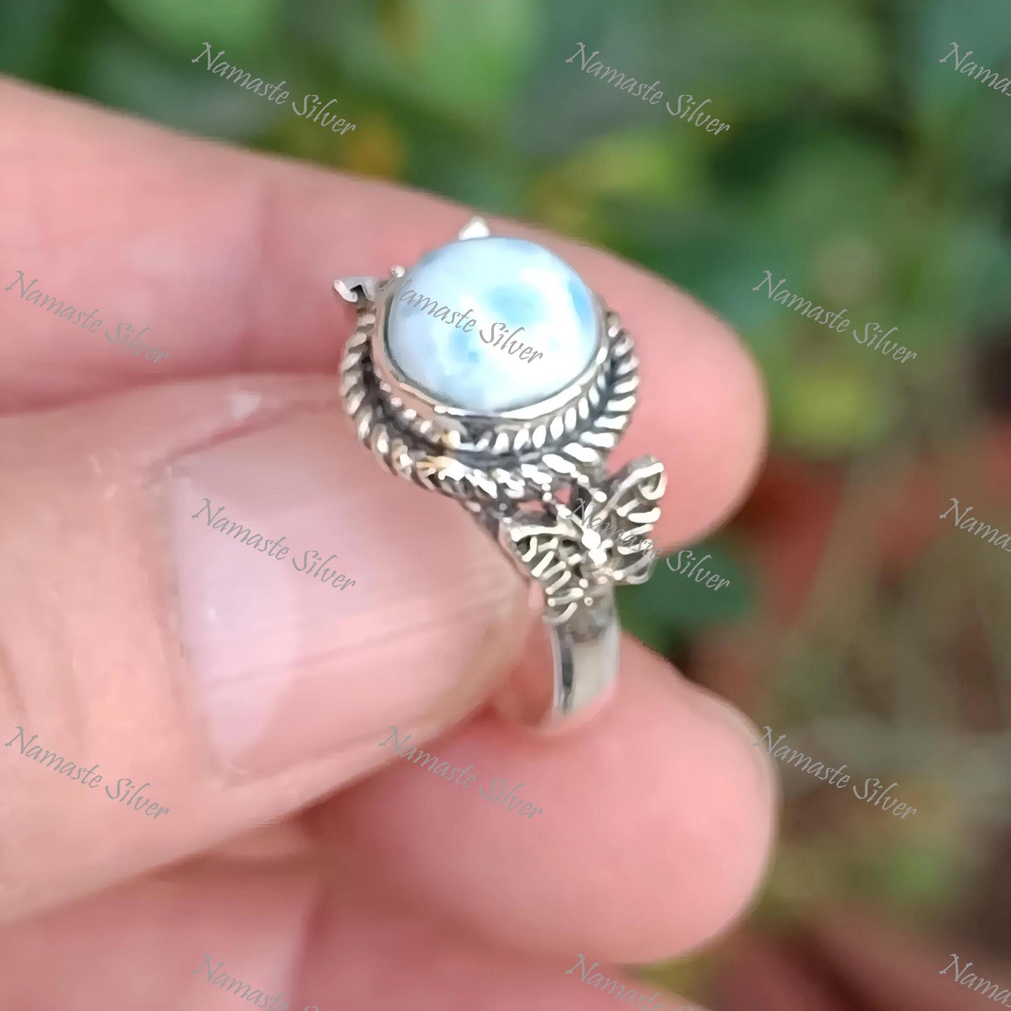 Larimar Ring, 925 Sterling Silver Promise Ring, Natural Larimar Round Gemstone Handmade Butterfly Jewelry, Gift for Her, February Birthstone
