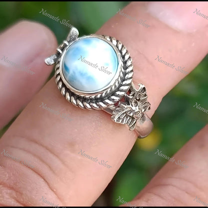 Larimar Ring, 925 Sterling Silver Promise Ring, Natural Larimar Round Gemstone Handmade Butterfly Jewelry, Gift for Her, February Birthstone