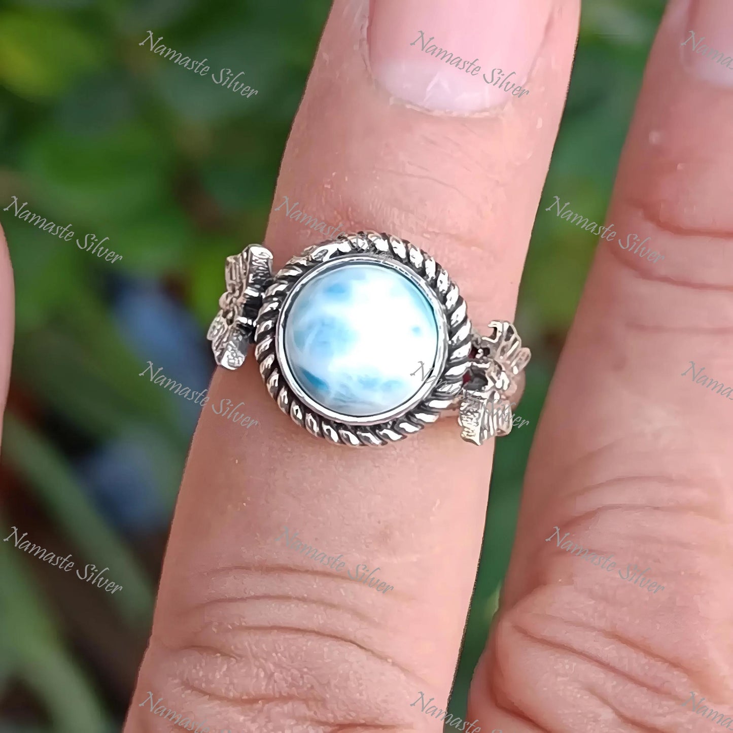 Larimar Ring, 925 Sterling Silver Promise Ring, Natural Larimar Round Gemstone Handmade Butterfly Jewelry, Gift for Her, February Birthstone