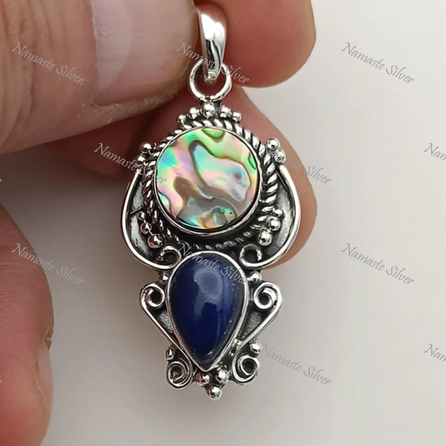 Abalone Shell, Lapis Lazuli Pendant, 925 Sterling Silver Pendant, Natural Paua Shell & Lapis Lazuli Gemstone Handmade Jewelry, Gift for her