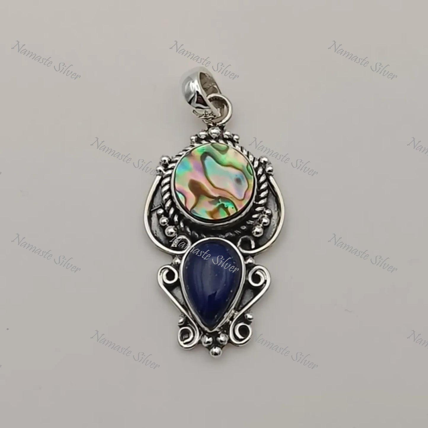 Abalone Shell, Lapis Lazuli Pendant, 925 Sterling Silver Pendant, Natural Paua Shell & Lapis Lazuli Gemstone Handmade Jewelry, Gift for her