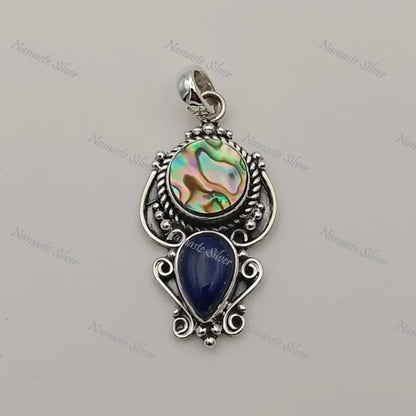 Abalone Shell, Lapis Lazuli Pendant, 925 Sterling Silver Pendant, Natural Paua Shell & Lapis Lazuli Gemstone Handmade Jewelry, Gift for her