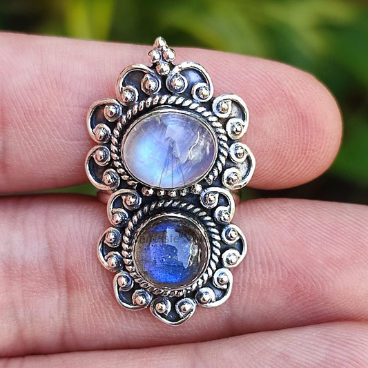 Moonstone, Labradorite Ring, Sterling Silver Statement Promise Ring, Natural Dual Gemstone Handmade Jewelry, Gift for Her, Birthstone Ring