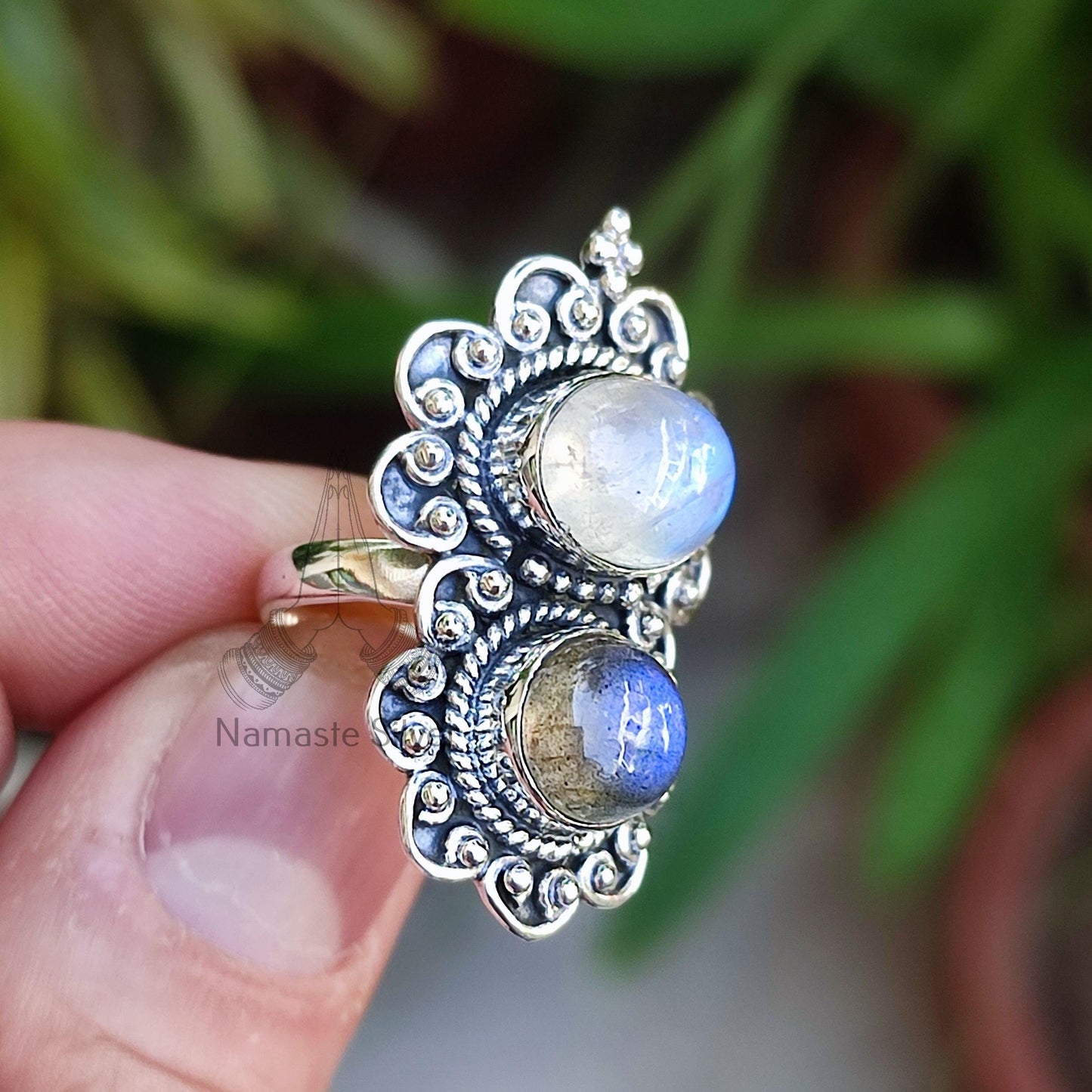 Moonstone, Labradorite Ring, Sterling Silver Statement Promise Ring, Natural Dual Gemstone Handmade Jewelry, Gift for Her, Birthstone Ring
