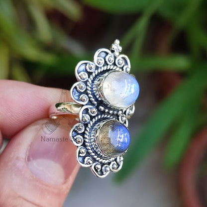 Moonstone, Labradorite Ring, Sterling Silver Statement Promise Ring, Natural Dual Gemstone Handmade Jewelry, Gift for Her, Birthstone Ring