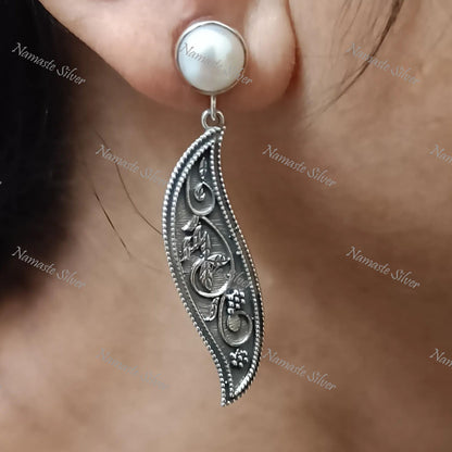 Pearl Paisley Earrings, 925 Sterling Silver Dangle Jewelry, Freshwater Pearl & Elegant Paisley Handmade Boho Jewelry, Unique Gift for Her