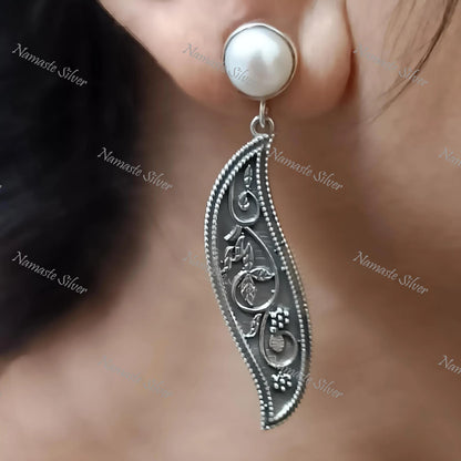 Pearl Paisley Earrings, 925 Sterling Silver Dangle Jewelry, Freshwater Pearl & Elegant Paisley Handmade Boho Jewelry, Unique Gift for Her