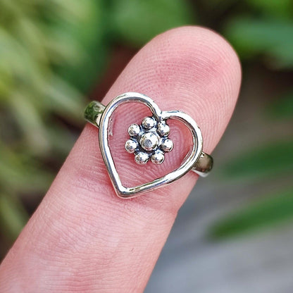 Heart Ring, 925 Sterling Silver Handmade Dainty Floral Ring for Women, Heart Shape Flower Love Minimalist Boho Jewelry, Unique Gift for Her