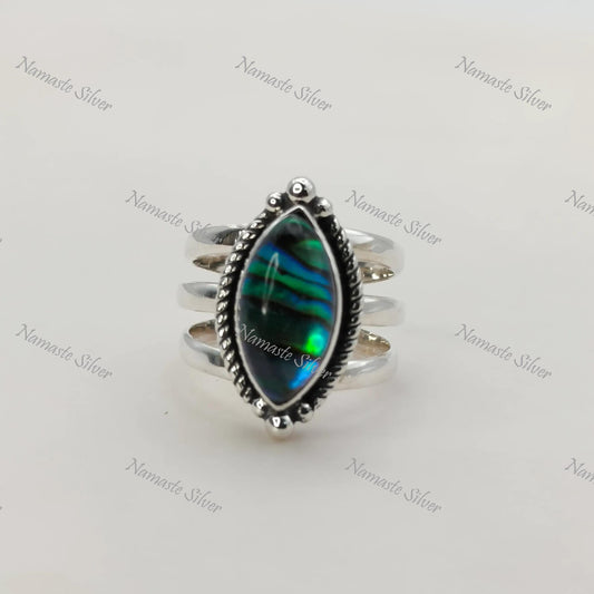 Abalone Shell Ring, 925 Sterling Silver Statement Promise Ring, Natural Paua seashell Marquise Doublet Handmade Jewelry, Unique Gift for her