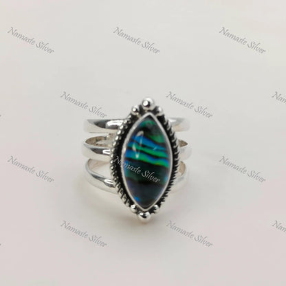 Abalone Shell Ring, 925 Sterling Silver Statement Promise Ring, Natural Paua seashell Marquise Doublet Handmade Jewelry, Unique Gift for her
