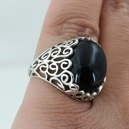Black Onyx Ring, 925 Sterling Silver Statement Promise Ring, Natural Onyx Oval Gemstone Handmade Boho Jewelry, July Birthstone, Gift for her