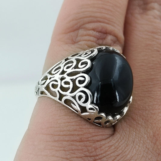 Black Onyx Ring, 925 Sterling Silver Statement Promise Ring, Natural Onyx Oval Gemstone Handmade Boho Jewelry, July Birthstone, Gift for her