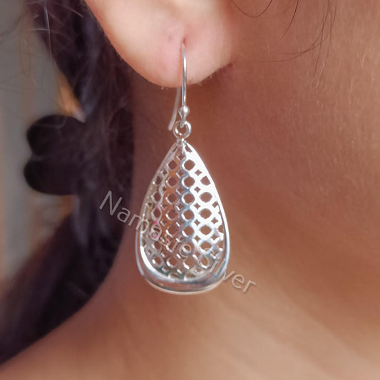 Pear Shape Mesh Dangle Earrings, 925 Sterling Silver Teardrop Earrings, Handmade Lightweight Minimalist Boho Jewelry, Perfect Gift for Her