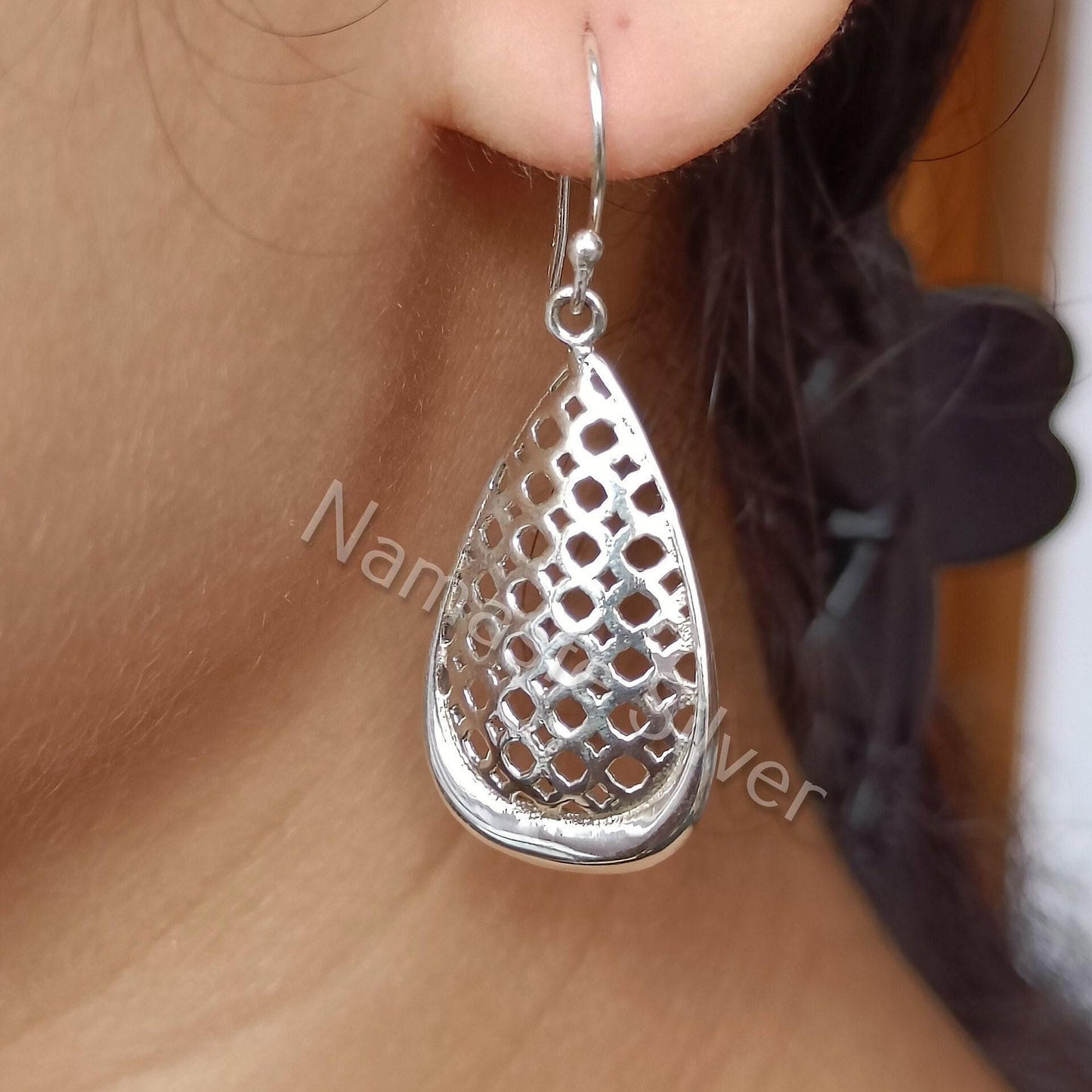 Pear Shape Mesh Dangle Earrings, 925 Sterling Silver Teardrop Earrings, Handmade Lightweight Minimalist Boho Jewelry, Perfect Gift for Her