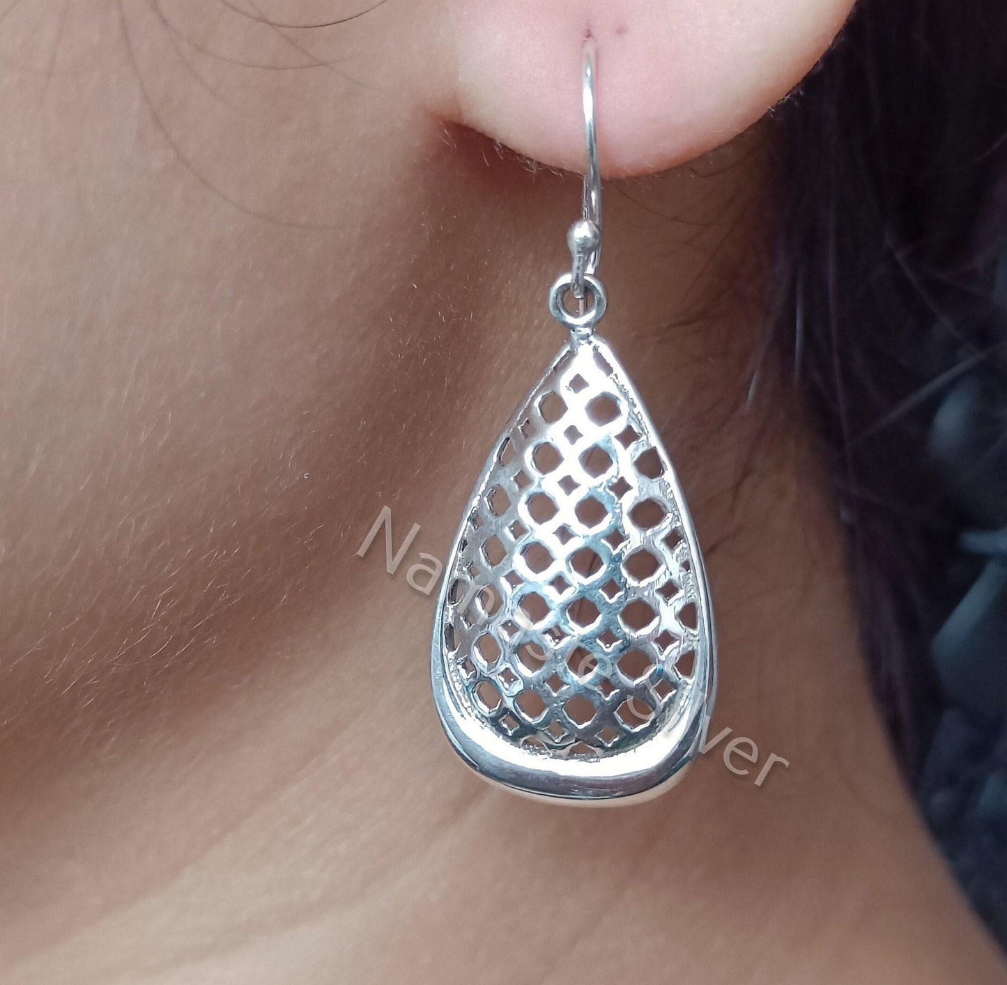 Pear Shape Mesh Dangle Earrings, 925 Sterling Silver Teardrop Earrings, Handmade Lightweight Minimalist Boho Jewelry, Perfect Gift for Her