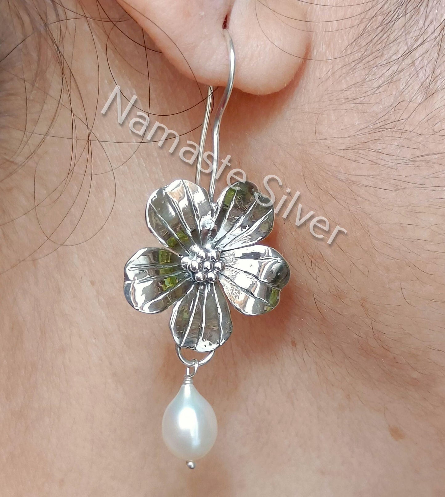 Pearl Earrings, 925 Sterling Silver Dangle Drop Flower Earrings, Freshwater Pearl Handmade Jewelry, June Birthstone, Elegant Gift For Her