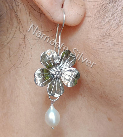 Pearl Earrings, 925 Sterling Silver Dangle Drop Flower Earrings, Freshwater Pearl Handmade Jewelry, June Birthstone, Elegant Gift For Her