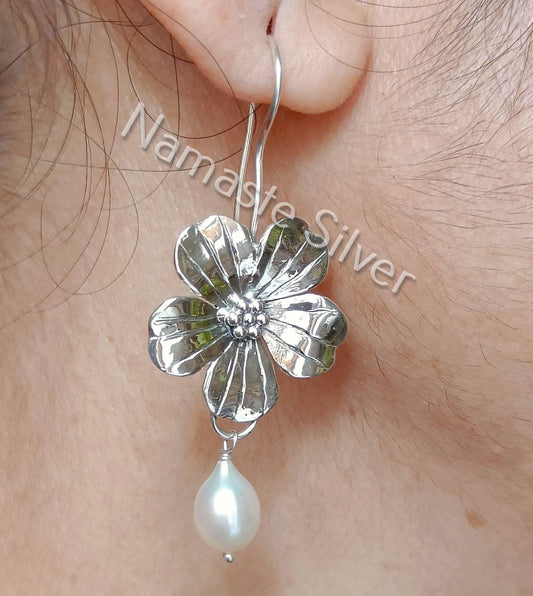 Pearl Earrings, 925 Sterling Silver Dangle Drop Flower Earrings, Freshwater Pearl Handmade Jewelry, June Birthstone, Elegant Gift For Her