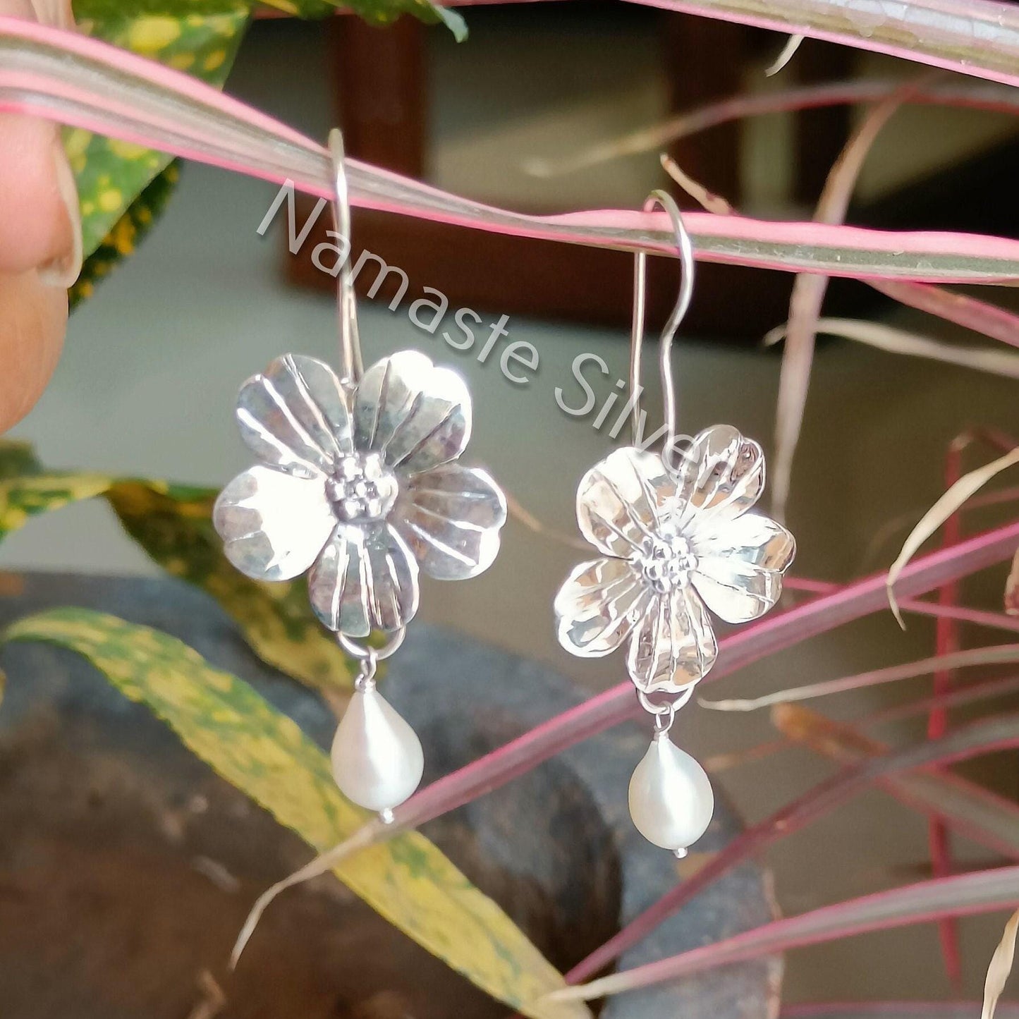 Pearl Earrings, 925 Sterling Silver Dangle Drop Flower Earrings, Freshwater Pearl Handmade Jewelry, June Birthstone, Elegant Gift For Her