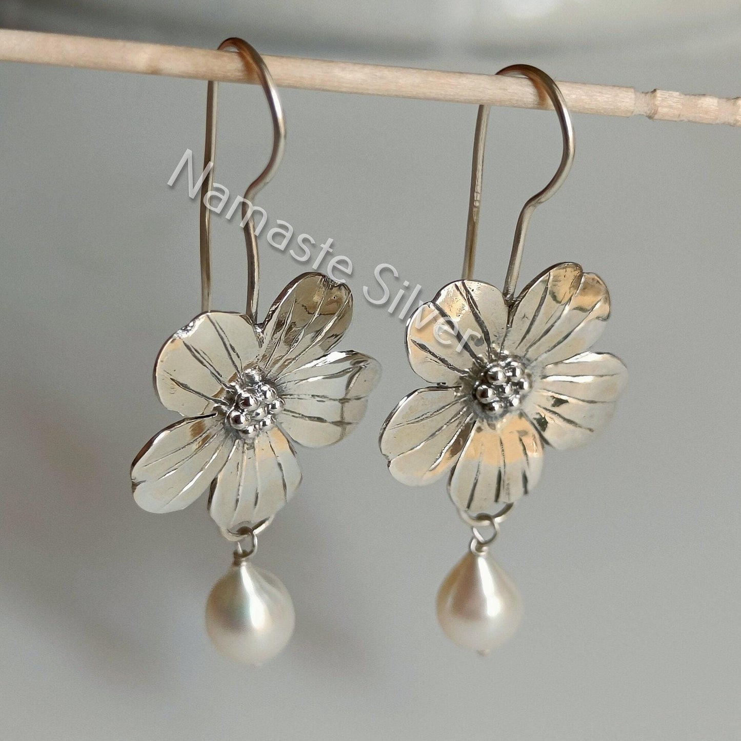 Pearl Earrings, 925 Sterling Silver Dangle Drop Flower Earrings, Freshwater Pearl Handmade Jewelry, June Birthstone, Elegant Gift For Her