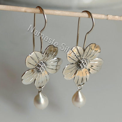 Pearl Earrings, 925 Sterling Silver Dangle Drop Flower Earrings, Freshwater Pearl Handmade Jewelry, June Birthstone, Elegant Gift For Her