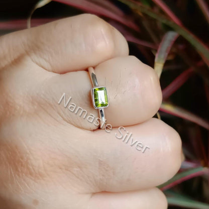 Peridot Ring, 925 Sterling Silver Dainty Promise Ring, Gift for her, Natural Peridot Octagon Gemstone Handmade Jewelry, August Birthstone