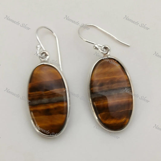 Tiger Eye Earrings, 925 Sterling Silver Dangle Earrings, Natural Tiger's Eye Oval Gemstone Handmade Jewelry, June Birthstone, Gift for her
