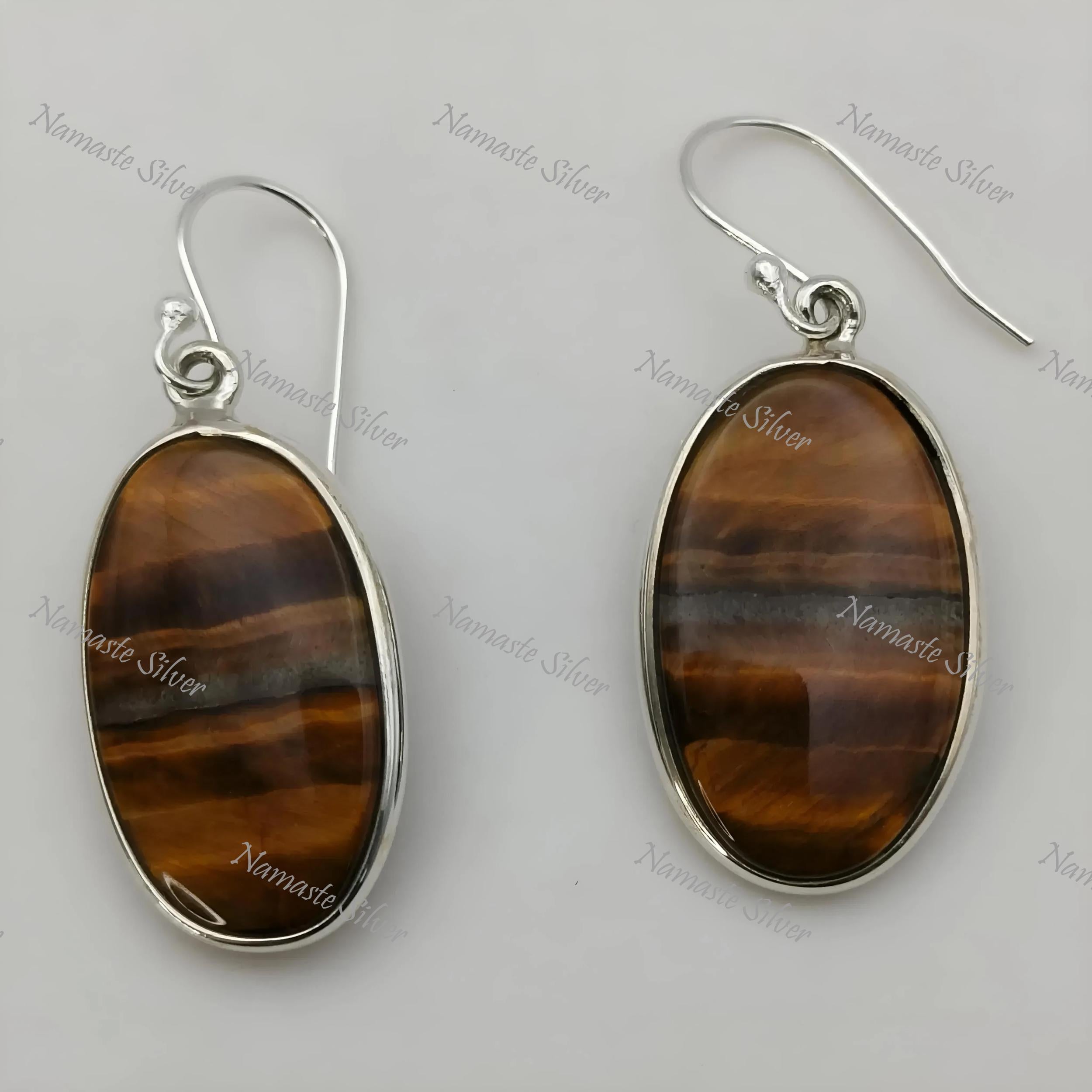 Tiger Eye Earrings, 925 Sterling Silver Dangle Earrings, Natural Tiger's Eye Oval Gemstone Handmade Jewelry, June Birthstone, Gift for her