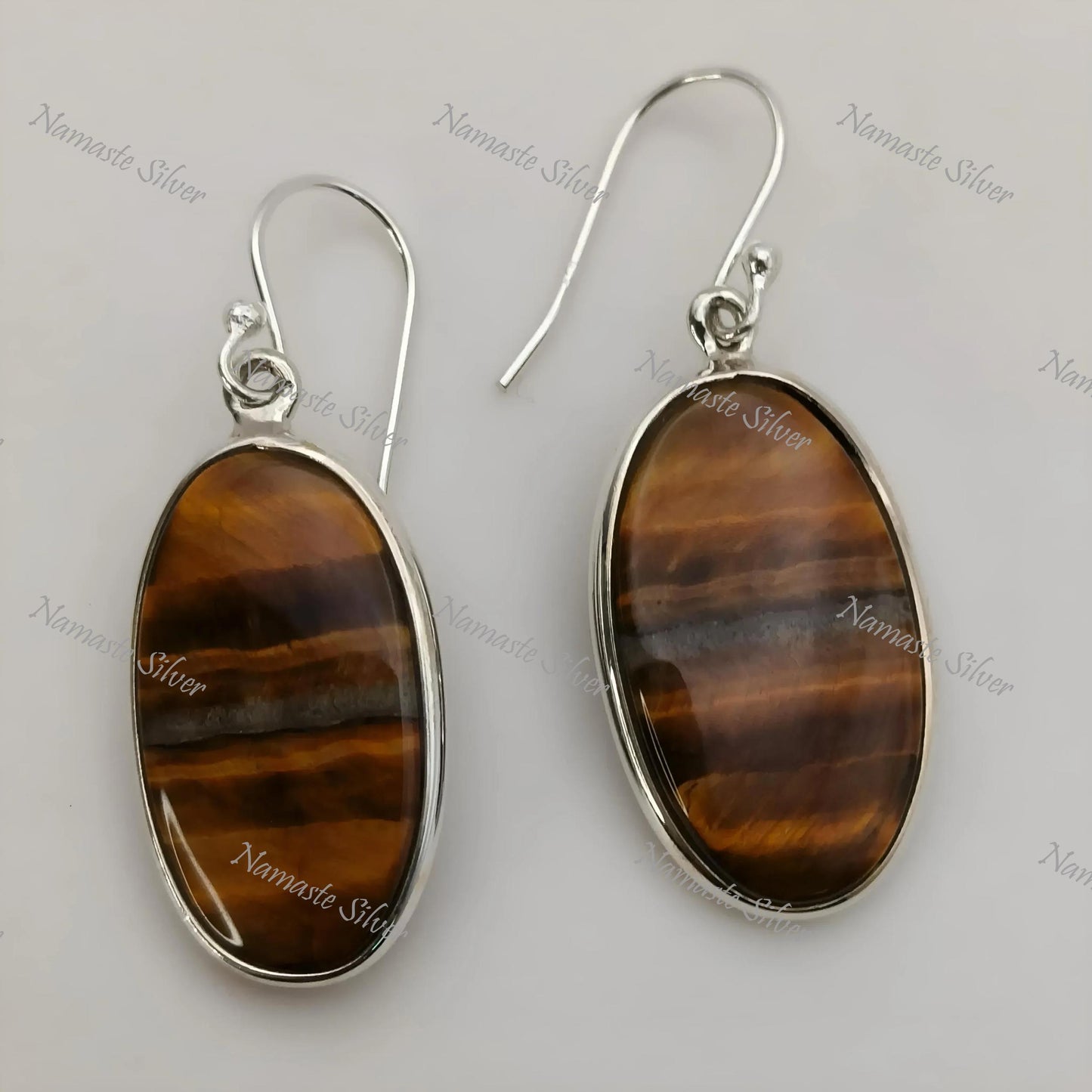 Tiger Eye Earrings, 925 Sterling Silver Dangle Earrings, Natural Tiger's Eye Oval Gemstone Handmade Jewelry, June Birthstone, Gift for her