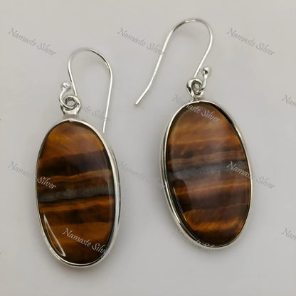 Tiger Eye Earrings, 925 Sterling Silver Dangle Earrings, Natural Tiger's Eye Oval Gemstone Handmade Jewelry, June Birthstone, Gift for her