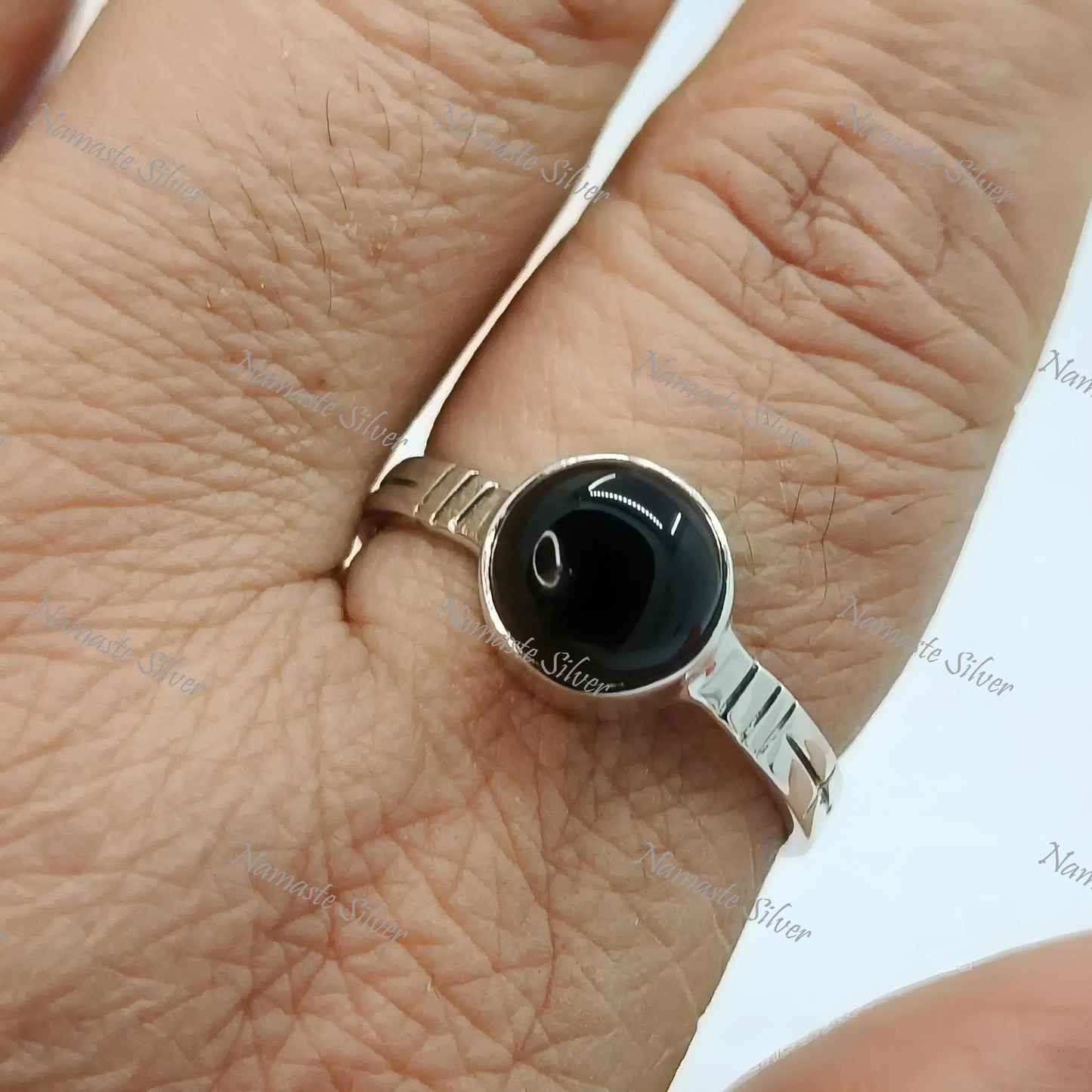 Black Onyx Ring, 925 Sterling Silver Promise Ring, Gift for Her, Natural Black Onyx Round Gemstone Handmade Boho Jewelry, July Birthstone