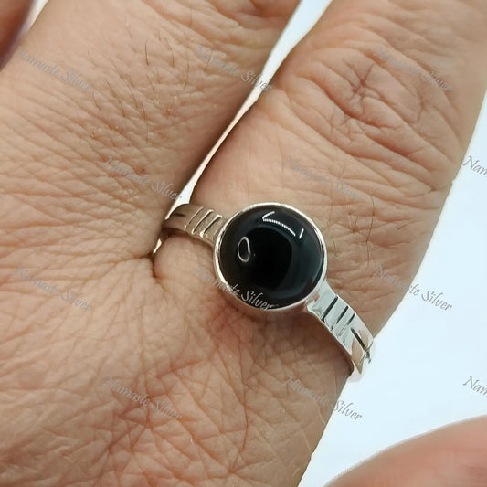 Black Onyx Ring, 925 Sterling Silver Promise Ring, Gift for Her, Natural Black Onyx Round Gemstone Handmade Boho Jewelry, July Birthstone