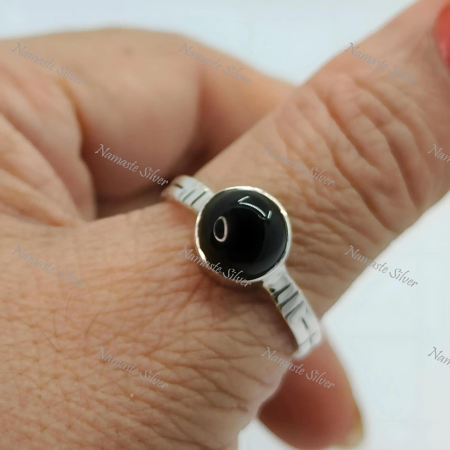 Black Onyx Ring, 925 Sterling Silver Promise Ring, Gift for Her, Natural Black Onyx Round Gemstone Handmade Boho Jewelry, July Birthstone