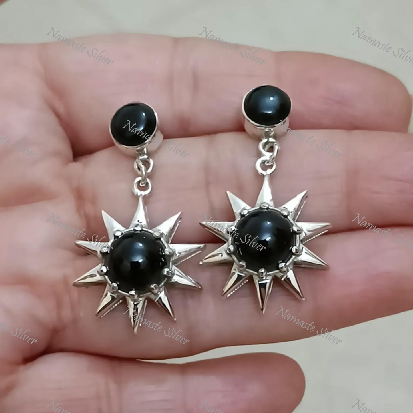 Black Onyx Earrings, 925 Sterling Silver Dangle Earrings, Natural Black Round Gemstone Handmade Boho Jewelry, July Birthstone, Gift for her