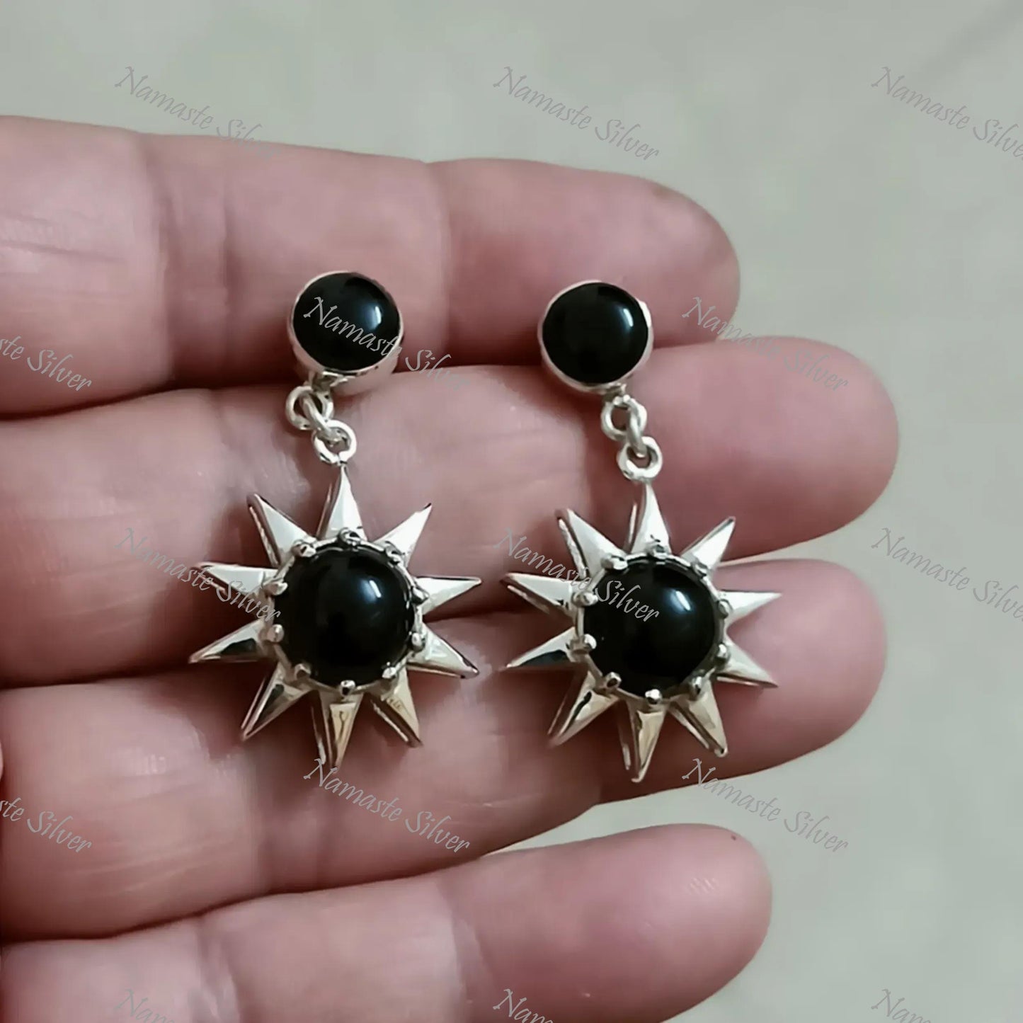 Black Onyx Earrings, 925 Sterling Silver Dangle Earrings, Natural Black Round Gemstone Handmade Boho Jewelry, July Birthstone, Gift for her