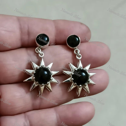 Black Onyx Earrings, 925 Sterling Silver Dangle Earrings, Natural Black Round Gemstone Handmade Boho Jewelry, July Birthstone, Gift for her