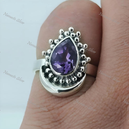 Amethyst Ring, 925 Sterling Silver Promise Ring, Natural Purple Pear Shape Gemstone Handmade Jewelry, February Birthstone, Gift for Her