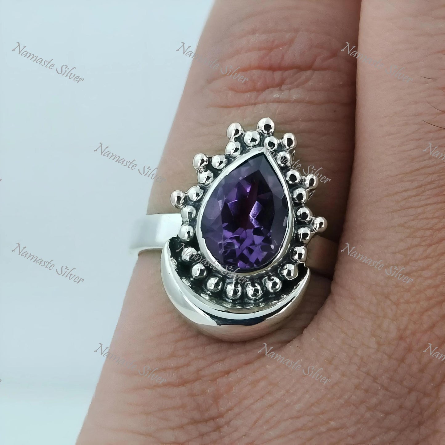Amethyst Ring, 925 Sterling Silver Promise Ring, Natural Purple Pear Shape Gemstone Handmade Jewelry, February Birthstone, Gift for Her