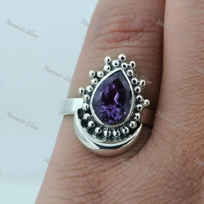 Amethyst Ring, 925 Sterling Silver Promise Ring, Natural Purple Pear Shape Gemstone Handmade Jewelry, February Birthstone, Gift for Her