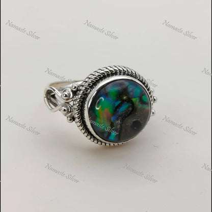 Abalone Shell Ring, Sterling Silver Statement Promise Ring, Natural Ocean Seashell Round Handmade Jewelry, Paua Shell Ring, Gift for her