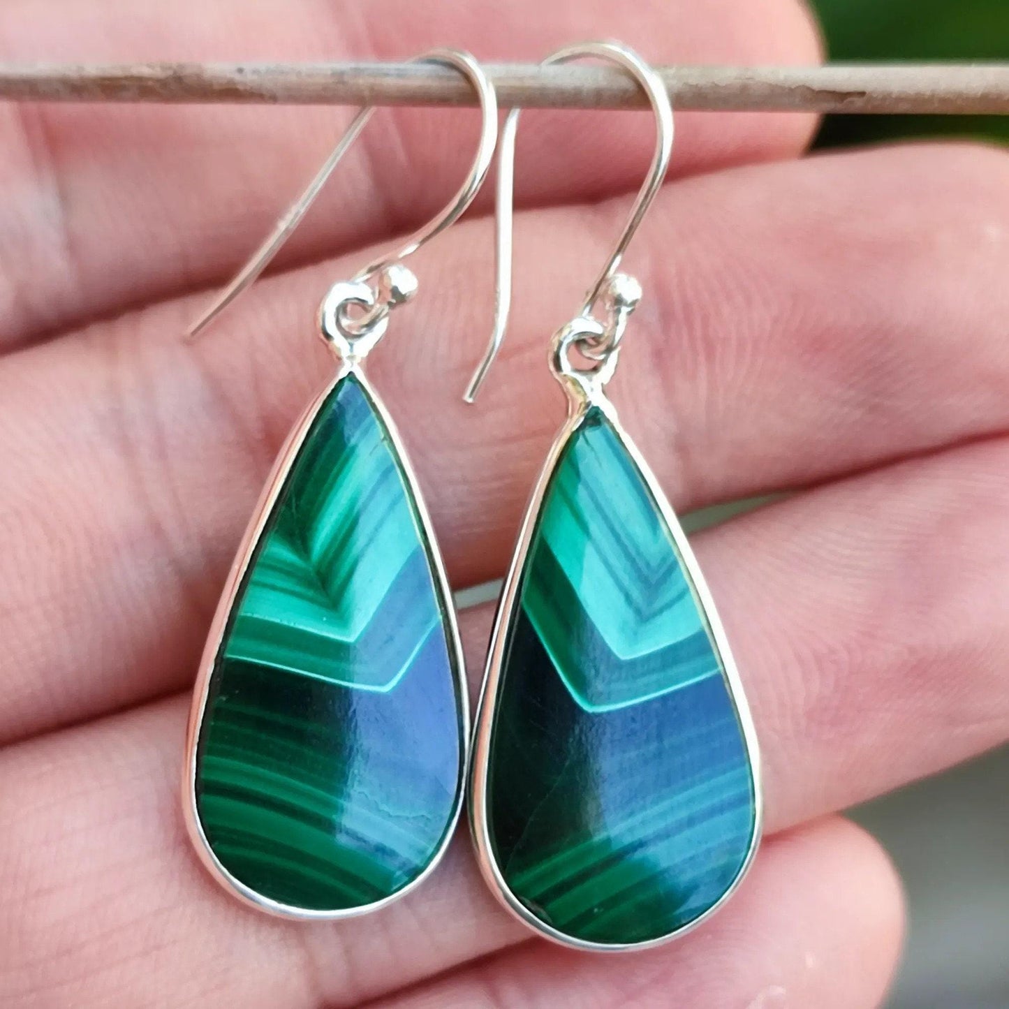 Malachite Earrings, 925 Sterling Silver Dangle Earrings, Natural Malachite Tear Drop Long Earrings, Handmade Gemstone Jewelry, Gift for Her