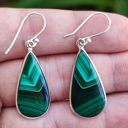 Malachite Earrings, 925 Sterling Silver Dangle Earrings, Natural Malachite Tear Drop Long Earrings, Handmade Gemstone Jewelry, Gift for Her