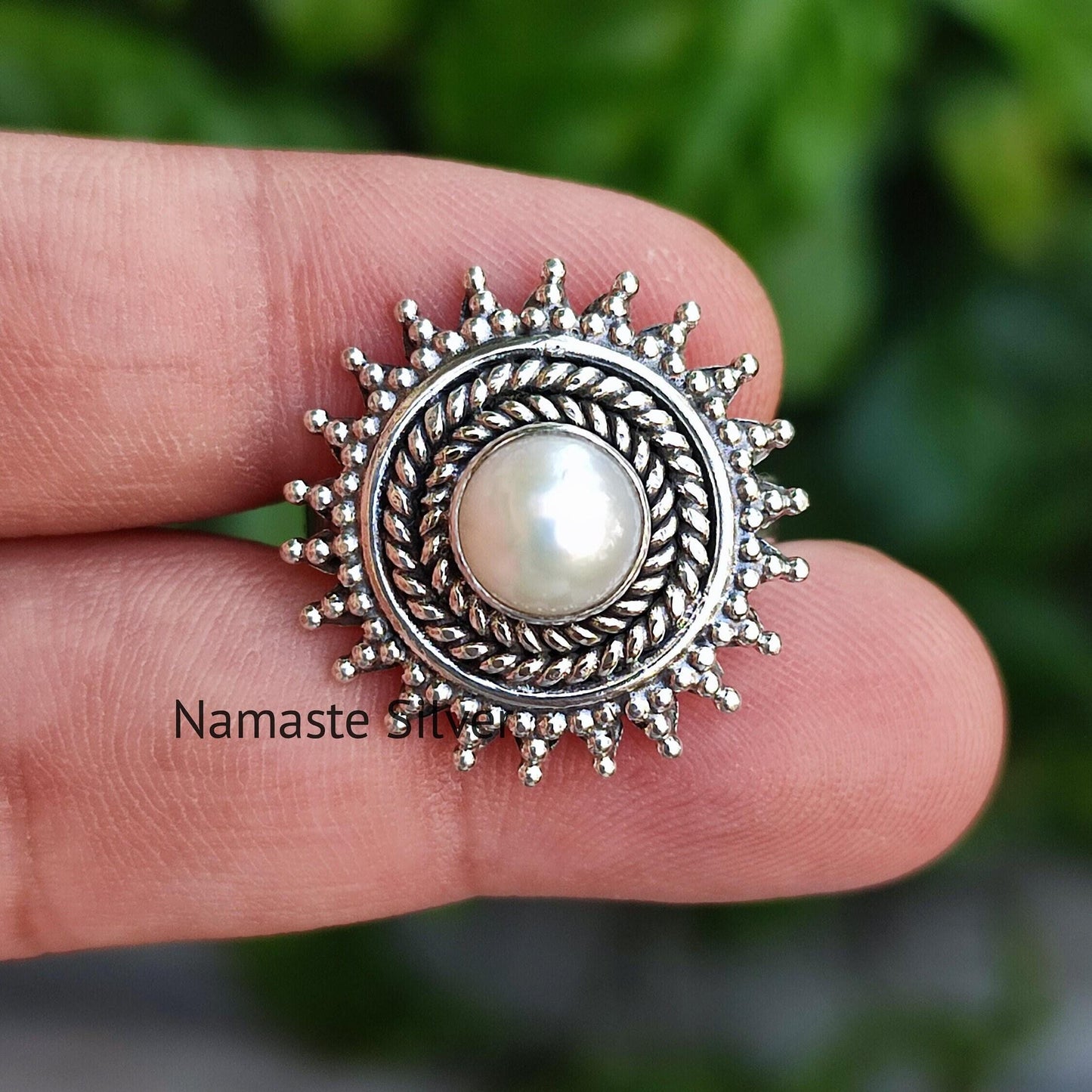 Pearl Ring, 925 Sterling Silver Statement Promise Ring, Freshwater Pearl Round Handmade Boho Jewelry, June Birthstone, Gift for Her Birthday