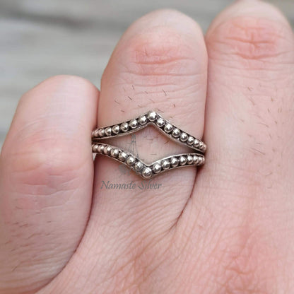 Crown Beaded Ring, 925 Sterling Silver Minimalist Promise Ring for Women, Handmade Double Band Minimalist Jewelry, Dainty Gift for Women