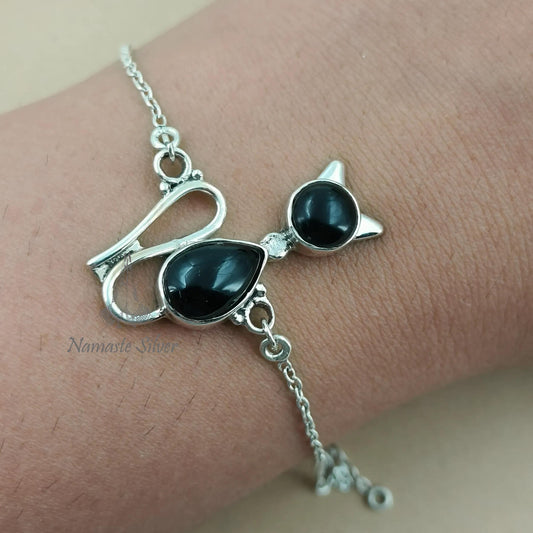 Black Onyx Cat Bracelet, 925 Sterling Silver Kitty Handmade Jewelry, Natural Black Onyx Dual Gemstone, Elegant Gift For Her, July Birthstone