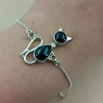 Black Onyx Cat Bracelet, 925 Sterling Silver Kitty Handmade Jewelry, Natural Black Onyx Dual Gemstone, Elegant Gift For Her, July Birthstone