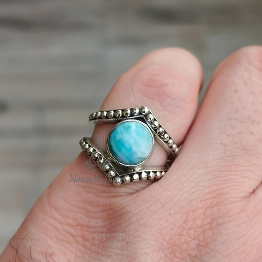 Larimar Ring, 925 Sterling Silver Statement Promise Ring, Natural Larimar Round Gemstone Handmade Jewelry, Gift for Her, February Birthstone